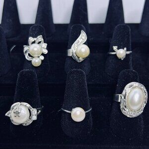 Lot Of 6 Silver Tone And Faux Pearl Statement Rings (R454)